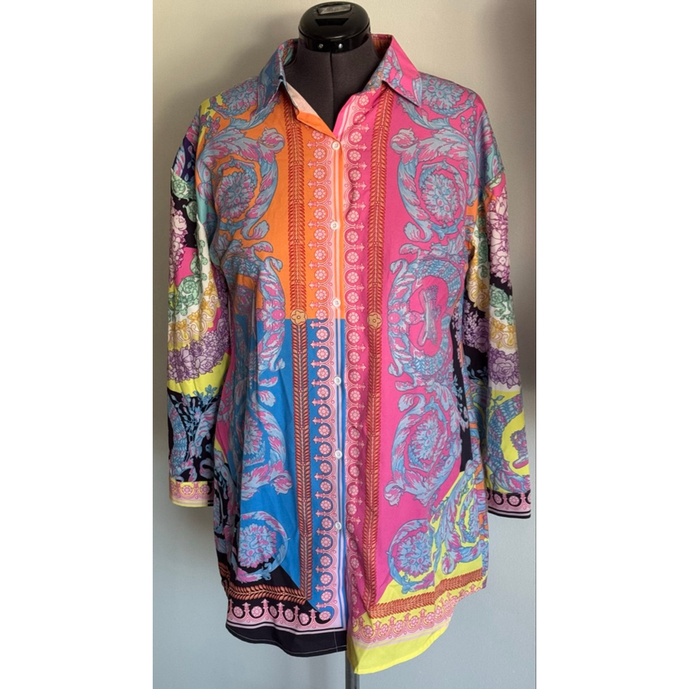 Men’s Unbranded Button Down Shirt L Pink Blue Multi-color Baroque Print